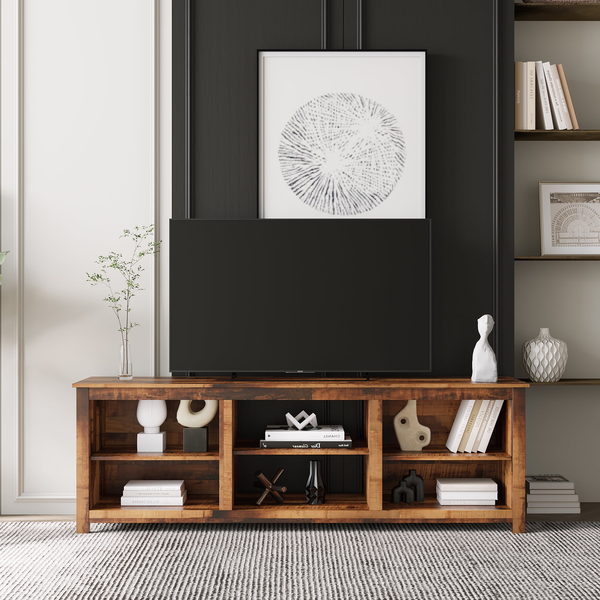 Kadyn MDF Farmhouse TV Console Table for living room, Heavy Duty TV Cabinet with 6 storage compartments and 1 shelf cabinet, Walnut TV Cabinet
