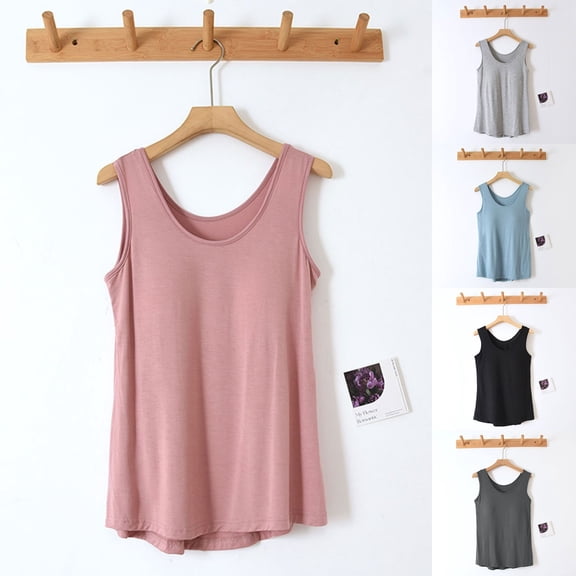 Cooling Pajamas for Women Sleeveless Tank Tops, Built-in Padded Bra Round Neck Solid Camisoles, Comfy No Bra Sleep Tops for Summer Leisure | TruHer,Black L