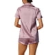 thumbnail image 3 of Conjunto de pijama de satén para mujer INSPIRE CHIC, camisa de botón de manga corta con pantalones cortos, 2 piezas, ropa de descanso, pijama, L, púrpura claro, 3 of 6