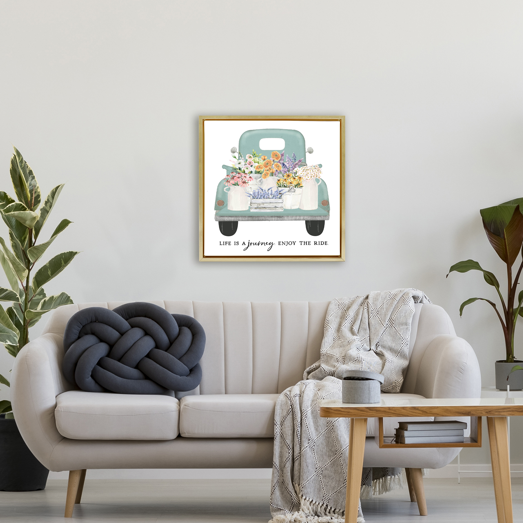 Enjoy Ride Floral Truck Gold Framed Floater Canvas Wall Art, design by Lettered and Lined