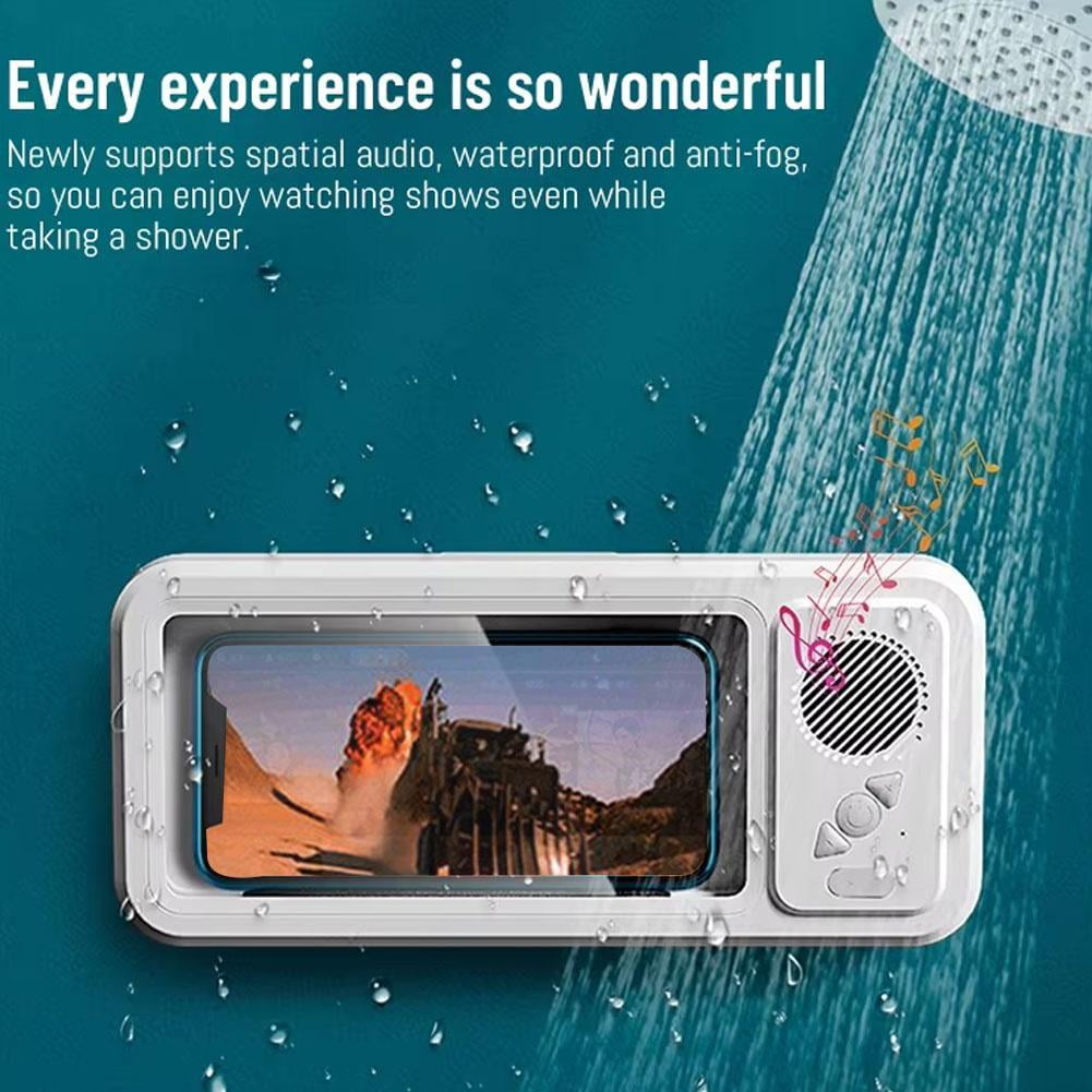 Waterproof Phone Case with Built-in Speaker, Anti-Fog Shower Phone Holder Stand with Wireless Bluetooth Speaker for Bathroom Bathtub Kitchen Wall Mirror