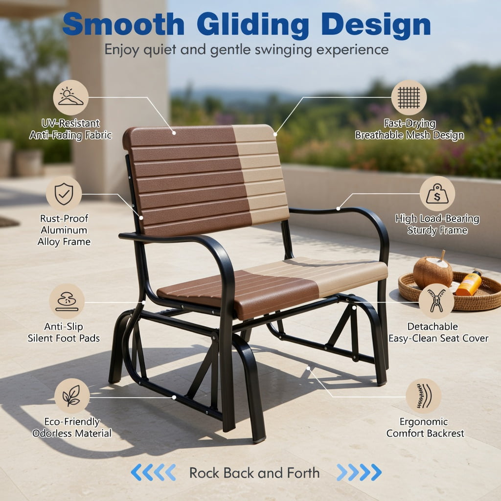 Hommoo 2-Person Outdoor Porch Glider Chair, Heavy-Duty Steel Frame with Weather-Resistant HDPE Seat & Back, Brown