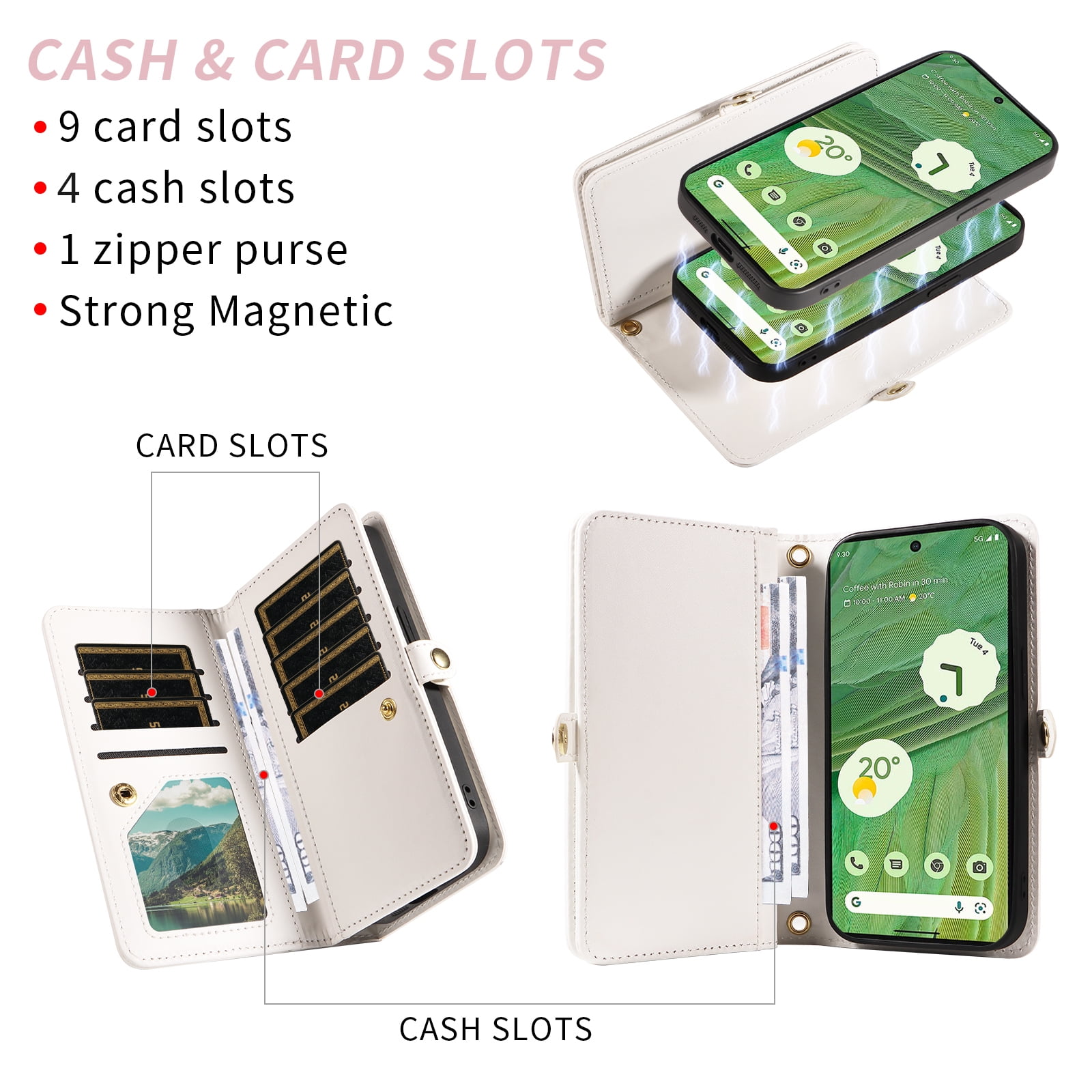 Asuwish Phone Case for Google Pixel 7 5G Zipper Wallet Detachable Cell Cover with Tempered Glass Screen Protector Crossbody Lanyard Strap Bling Glitter Flip Card Holder Slot Pixel7 Pixle Seven White