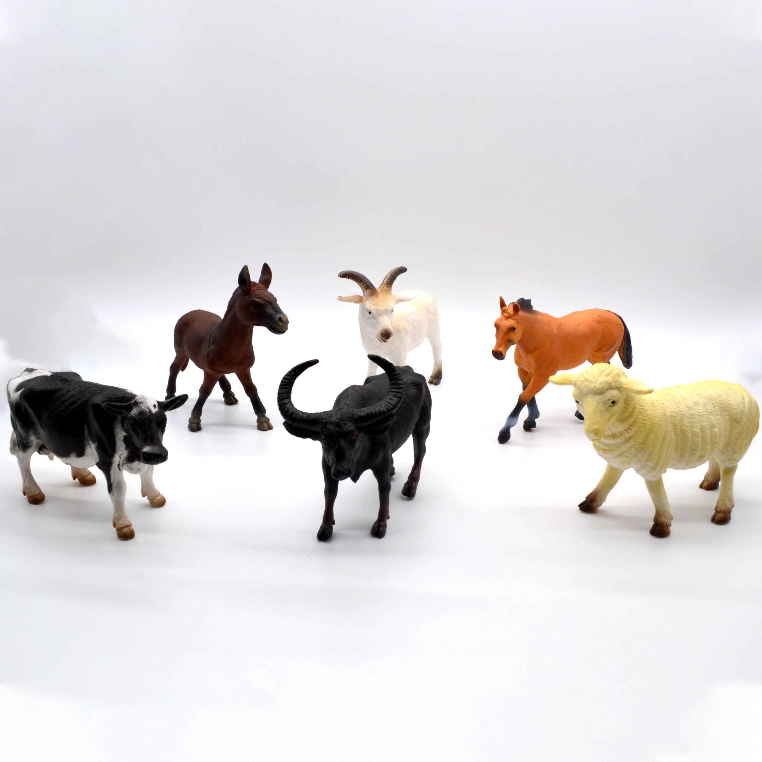 Jimmy's Toys- 6 Piece Plastic Farm Animals -6'' Realistic Figurine Toys -  Cow, Bull, Horse, Goat, Sheep and Donkey 