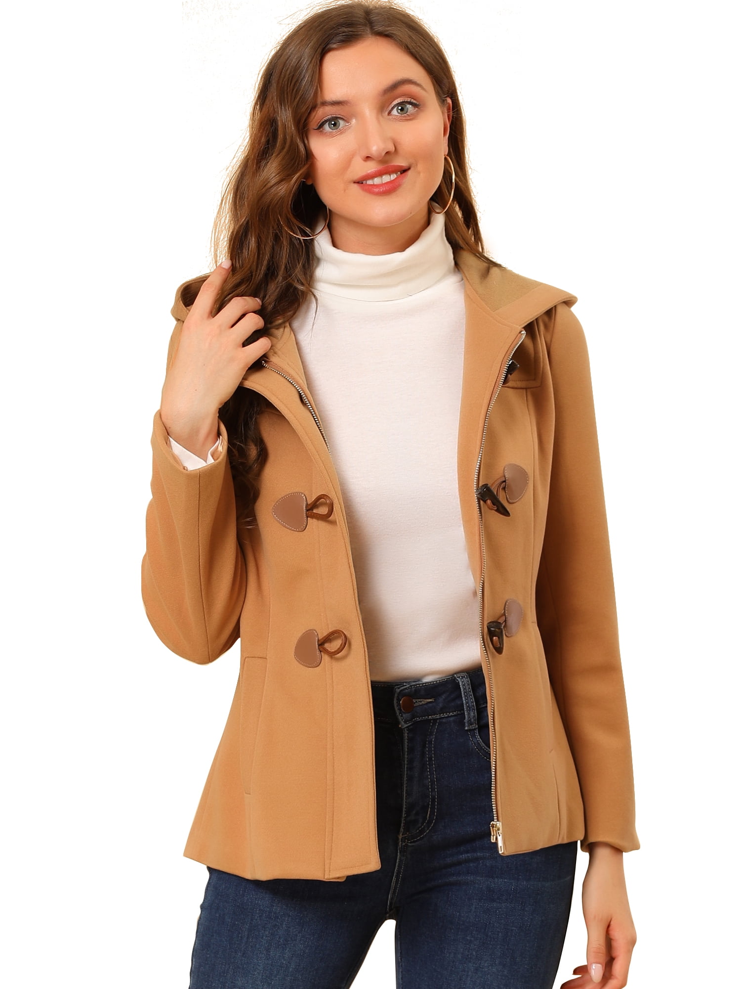 INSPIRE CHIC Women's Toggle Duffle Coat Zipper Front Solid Cropped