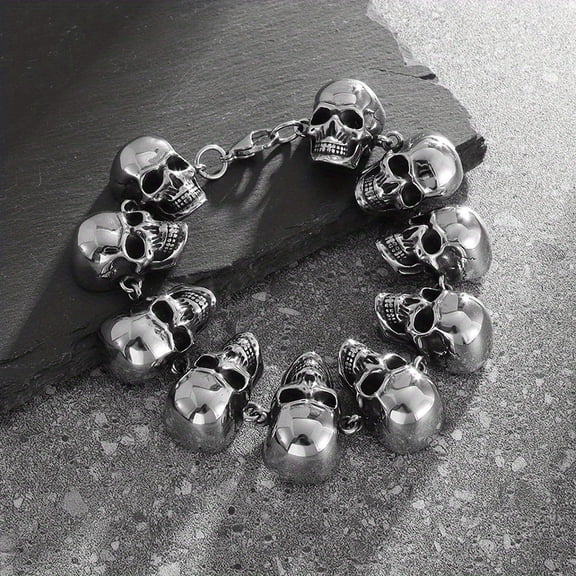1 Pc creative new titanium steel Skull bracelet men's retro personality punk bracelet,Silvery