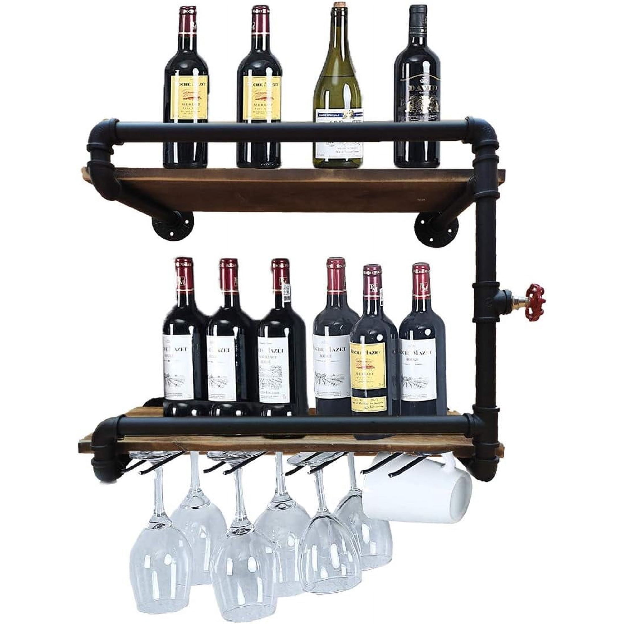 24 Inch Industrial Wall Mounted Wine Rack 2-Tier Rustic Wood Floating Bar Shelves with 4 Stem Glass Holder Metal Hanging Wine Bottle & Glass Storage Wall Shelf for Home Bar