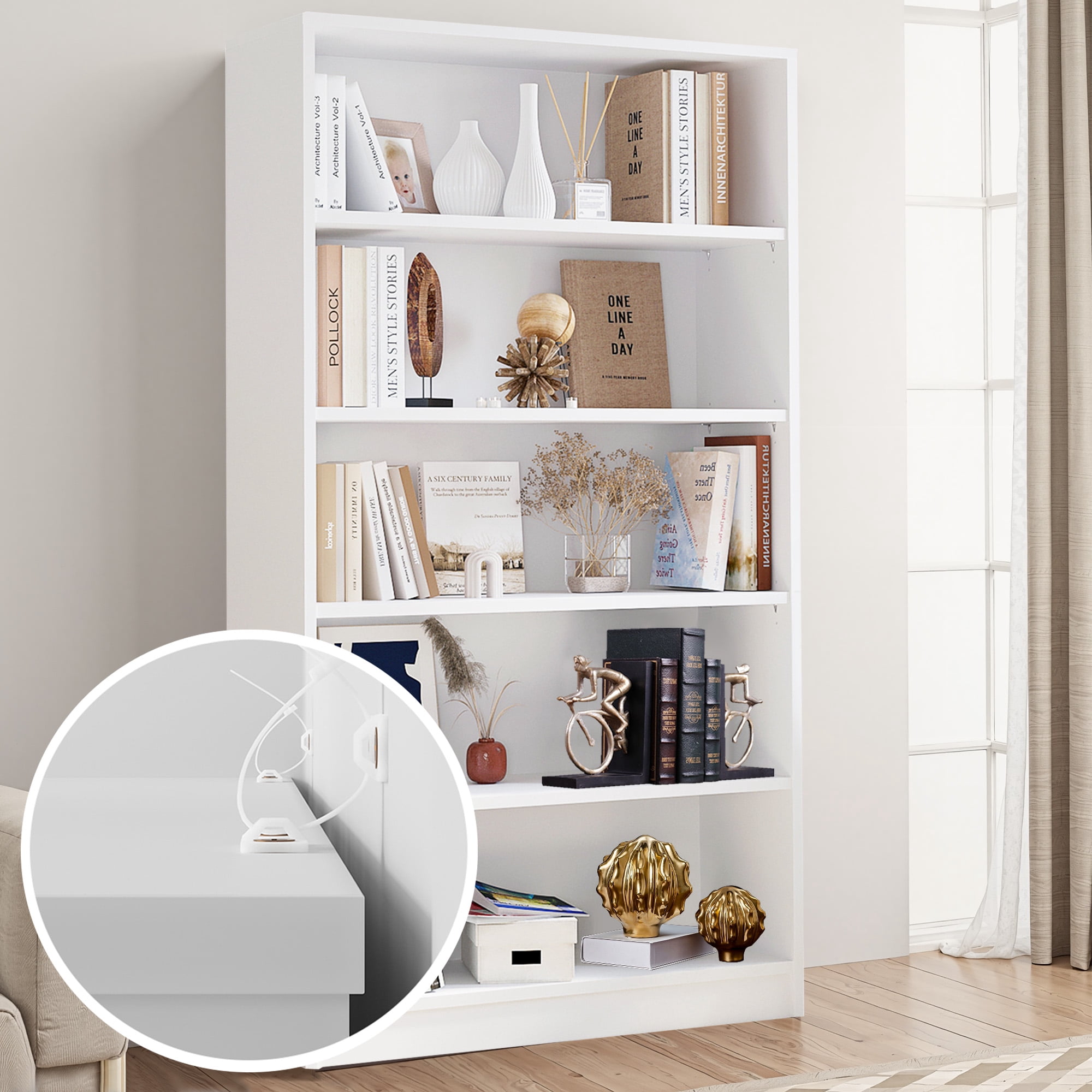 MAYEERTY 5-Shelf Wood Bookcase, 60" Tall, for Bedroom, White