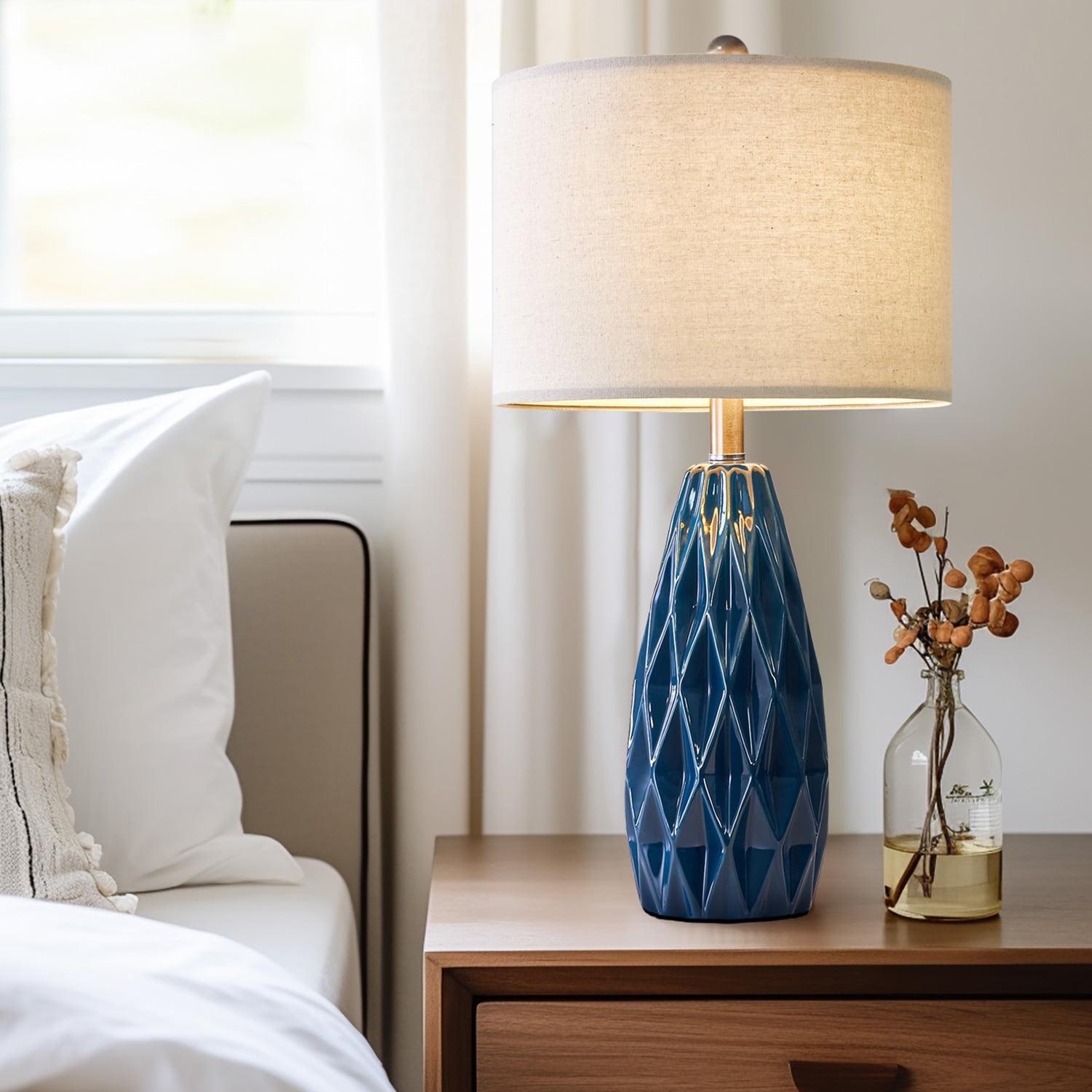 Oneach Modern Ceramic Table Lamp 24.75" Set of 2 Contemporary Blue Geometric Nightstand Lamps for Bedroom Living room