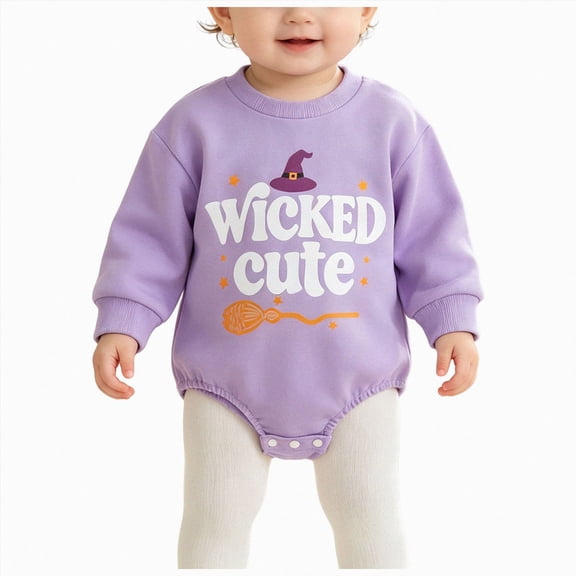 KPOPLK Baby Halloween Witch Bodysuit Letter Print Long Sleeve Bubble Romper for 3 6 9 12 18 Months Fall Holiday Outfit(Purple,12-18 Months)