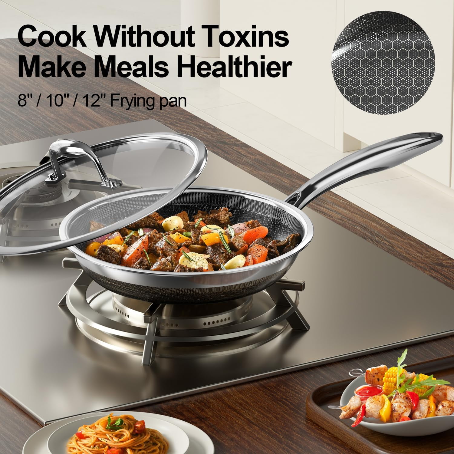 Non Stick Frying Pans, 10 Inch Stainless Steel Skillet with Tempered Glass Lid Tri-Ply Stainless Steel for All Cooktops, Dishwasher & Oven-Safe Cooking Pan, Stay-Cool Handle, Silver