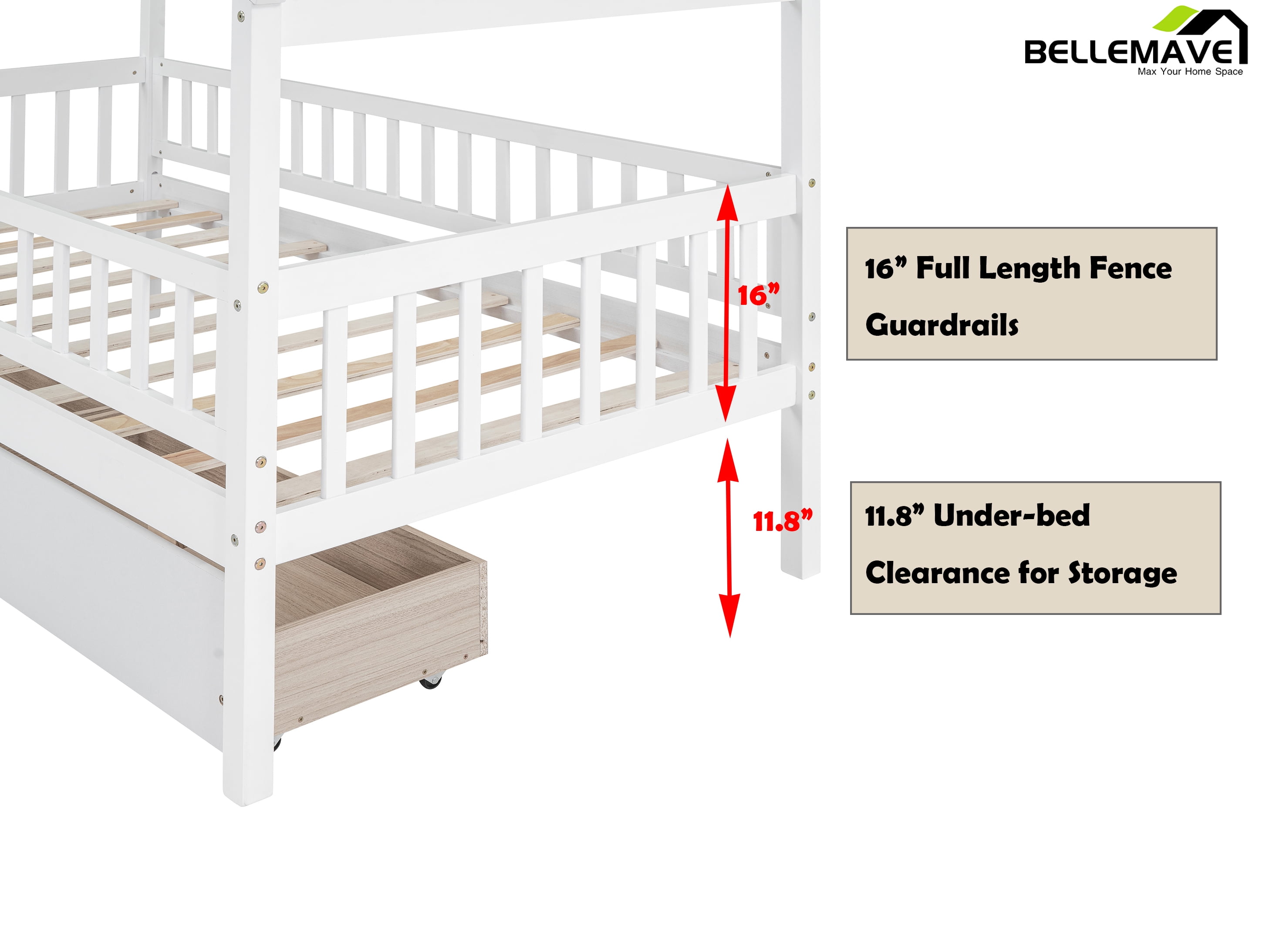 Bellemave Twin Size House Bed with Storage Drawers Playhouse Platform Bed Wooden House-shaped Bed Frame with Fence Guardrail (Twin size, White)
