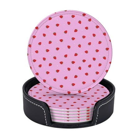 

Red Strawberry Love Pattern Polka Dots Coasters With Leather Holder Set Of 6 Round Coasters for Home and Kitchen Decor