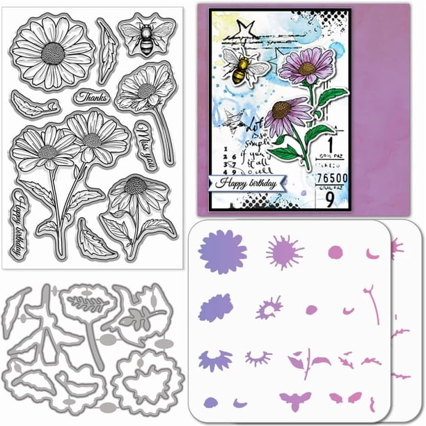 Sellos transparentes con diseño de margaritas y troqueles de corte con marcos de abejas y flores, con plantillas huecas para dibujar y pintar.