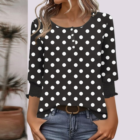 EchfiProm Woman Shirts Black 3/4 Sleeve Pullover Summer Polka Dot Relaxed Fit Crew Neck Blouse