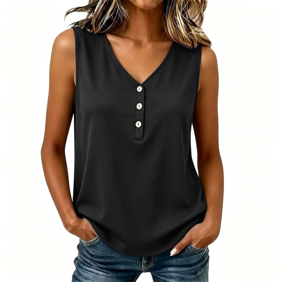 Hearthz Women's V Neck Sleeveless Shirts for Women 3 Buttons Henley Curved Hem Tank Tops for Women Lightweight Summer Beach Vest