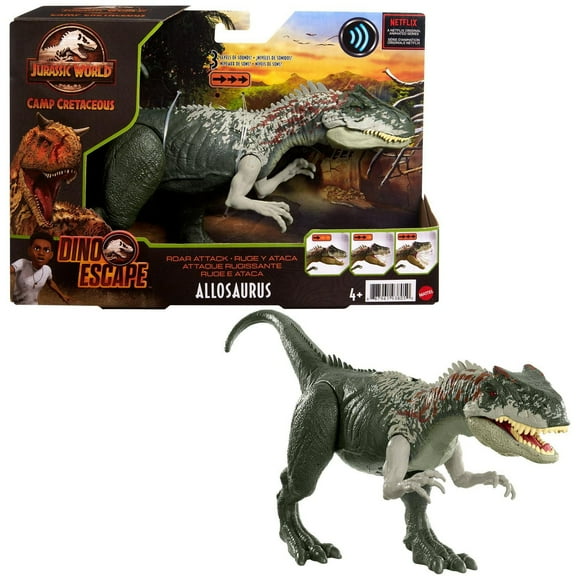 Jurassic World Roar Attack Allosaurus Camp Cretaceous Dinosaur Figure with Movable Joints, Realistic Sculpting, Strike Feature & Sounds, Carnivore, Kids Gift 4 Years & Up