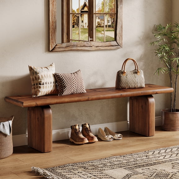 Finmind 62.99-inch Solid Wood Entryway Shoe Bench, Farmhouse Indoor Wooden End of Bed Bench for Bedroom, Hallway, Living Room, Rustic Brown