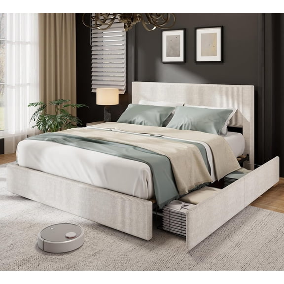 Queen Bed Frame with Tufted Wingback Headboard, Platform Corduroy Upholstered Bed Frame with 4 Storage Drawers and Wooden Slats Support, No Box Spring Needed, Beige