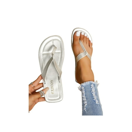 

Lacyhop Womens Flip Flops Slip On Slide Sandal Strap Slides Indoor&Outdoor Soft Summer Slippers Lightweight Beach Flat Sandals Silver 5.5