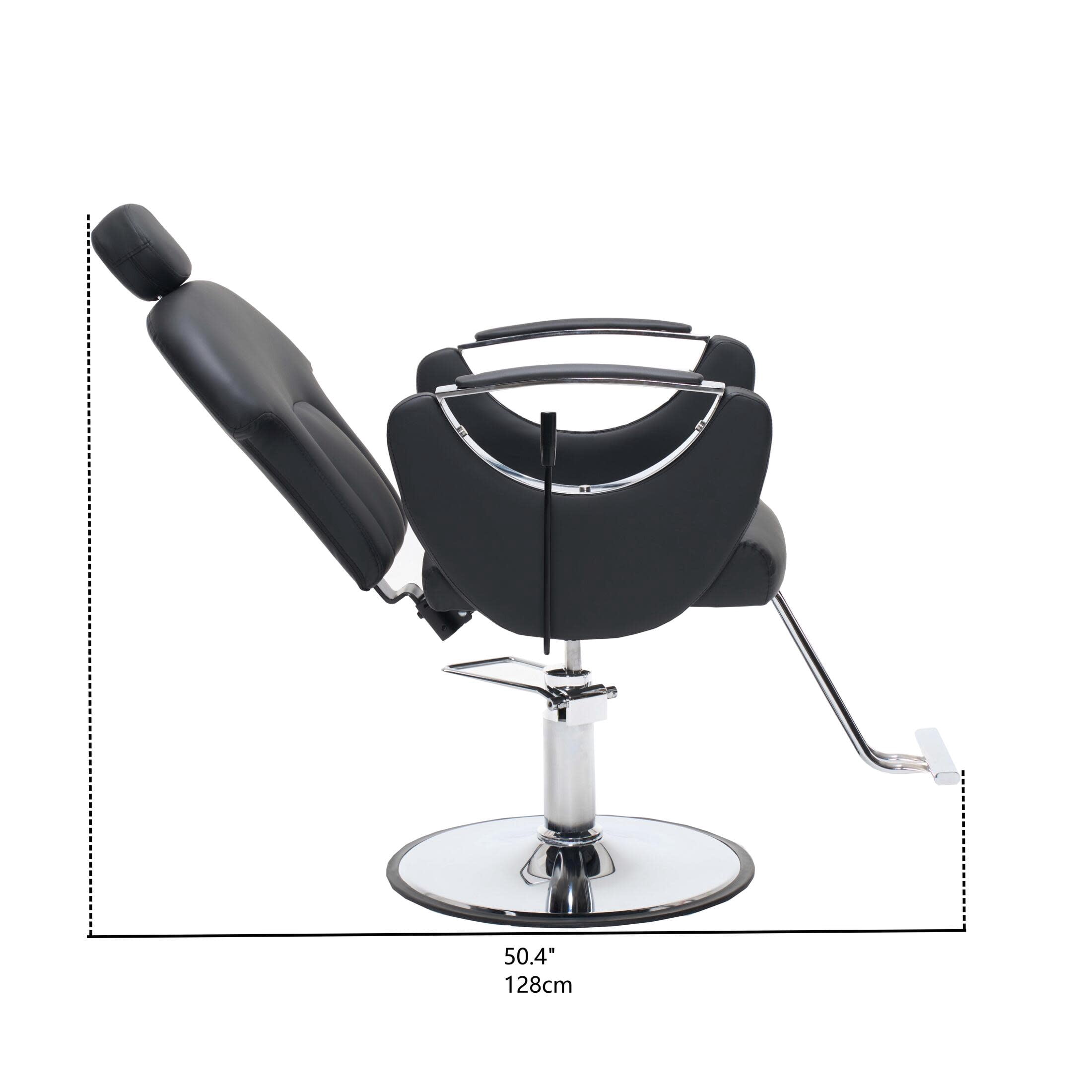 Noble House Hydraulic Barber Chair, Reclining Salon Styling Chair, PU Upholstery, Black + Chrome