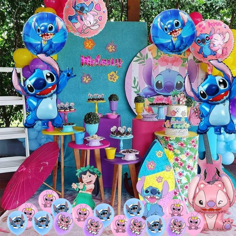 Stitch Birthday Party Decorations, Cartoon Stitch Theme Party Supplies  include Backdrop, Stitch Balloons for Boys Girls Stitch Party Favors