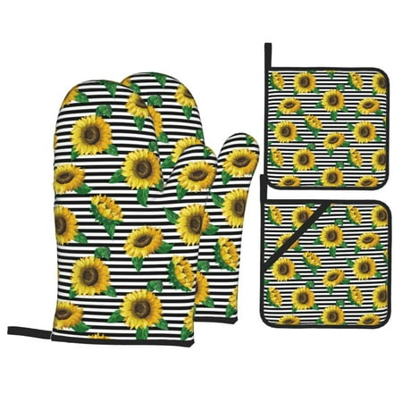 

Oven Mitts and Pot Holders 4 Piece sunflower black white striped High Heat Slip Resistant Oven Mitt and Trivets Set Kitchen Oven Glove Pot Holders for Cooking Baking Grilling