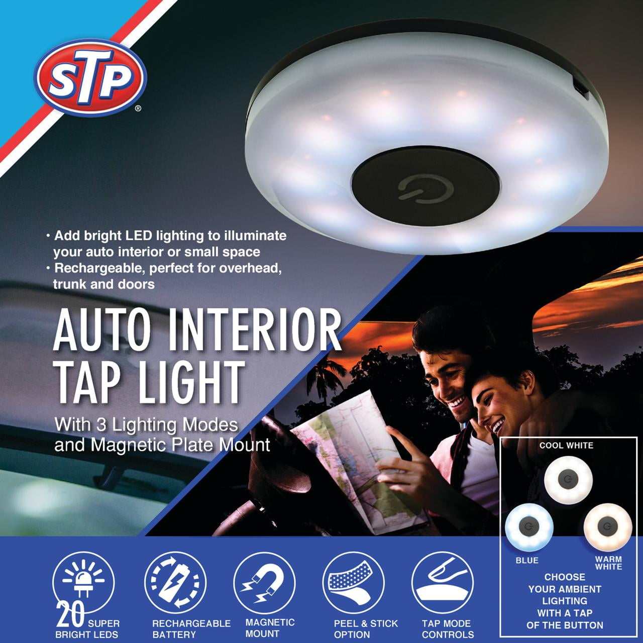 STP Home/Auto Interior LED Tap Light, 3 Unique Modes, Magnetic Plate Mount, Rechargeable