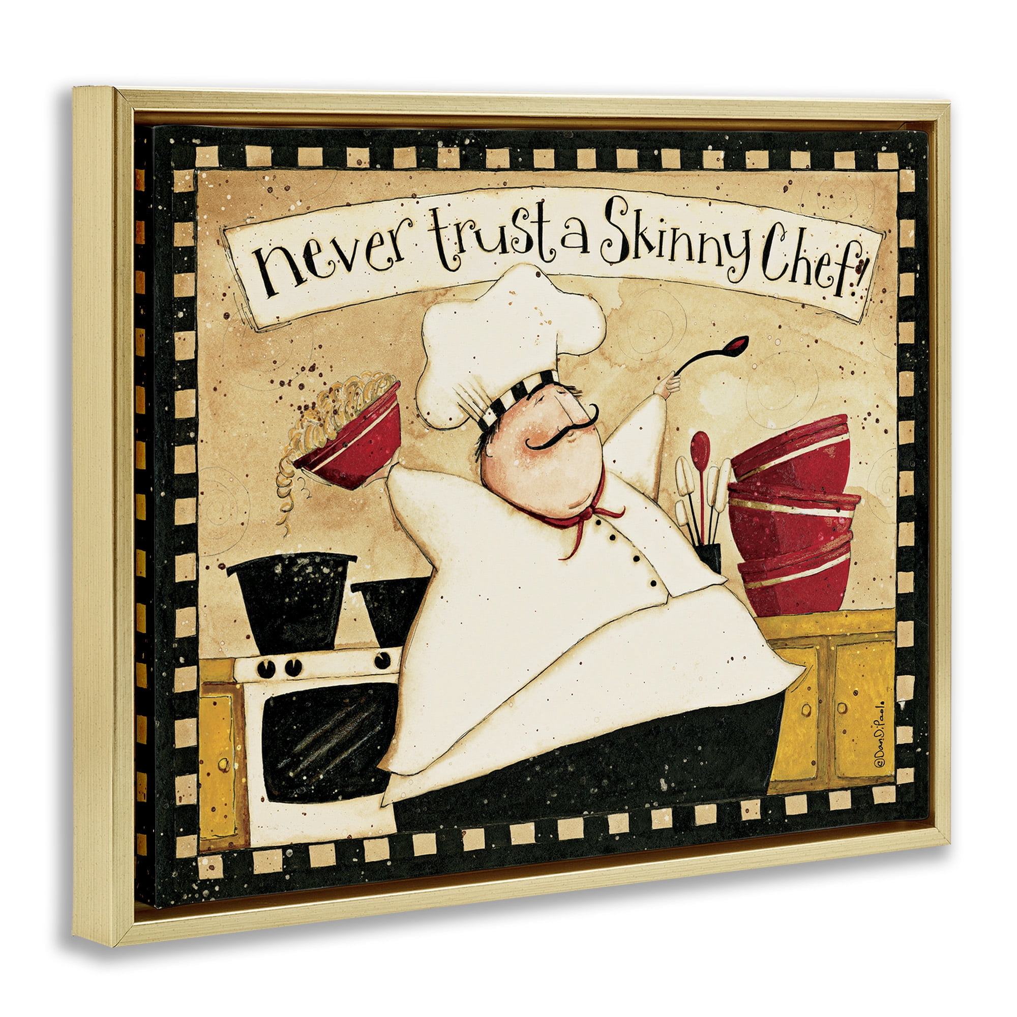 Stupell Industries Skinny Chef Funny Kitchen Food & Beverage Painting Gold Floater Framed Canvas Art Print Wall Art, 31 x 25