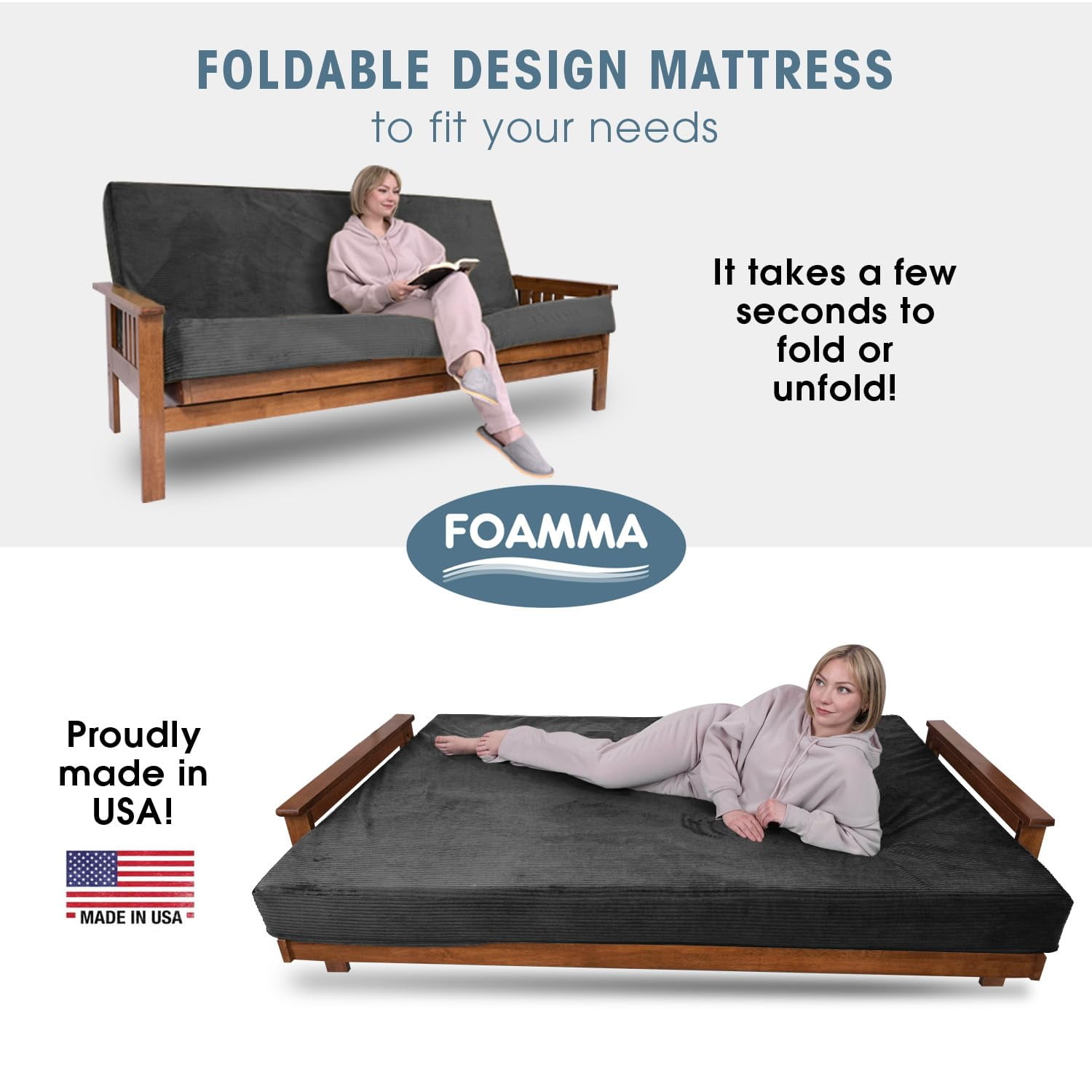 Foamma Memory Foam Futon Mattress, Double-Sided Foldout Couch Futon Mattress - Queen (Charcoal) - Comfortable and Heavy Duty Sofa Bed, Thick Corded Cushion for All (Frame NOT Included)