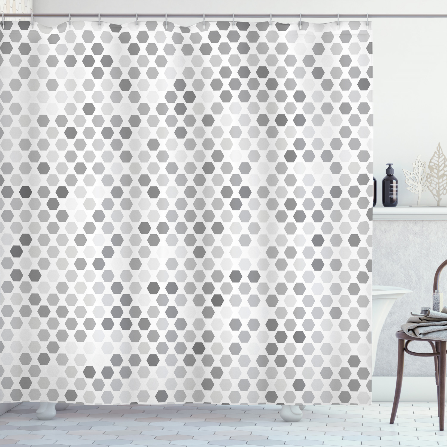 Grey Shower Curtain, Abstract Zig Zag Hexagon Figures Vivid and Dark