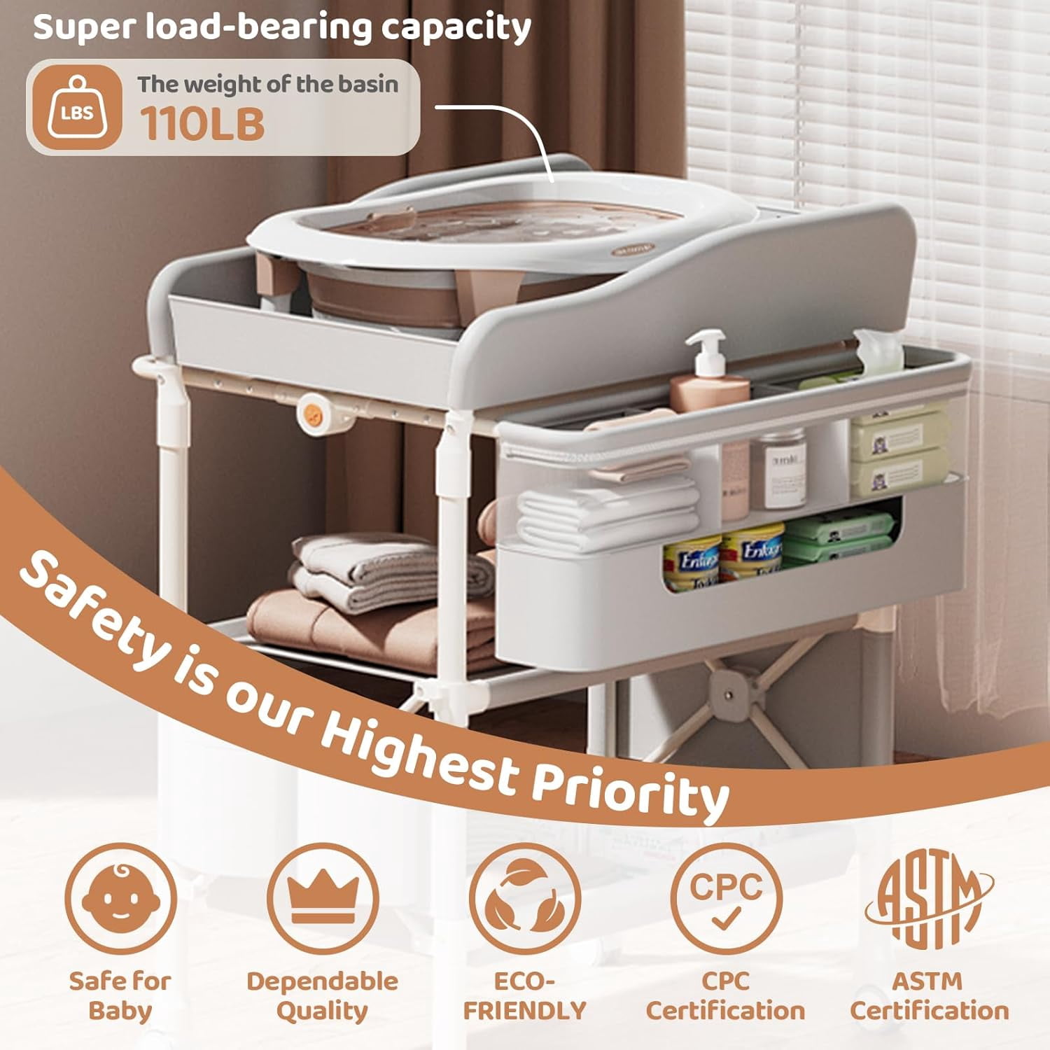 Multifunctional folding changing table with 2 drawers, portable baby changing station, includes toy shelf, mobile changing table and newborn compartment, height adjustable.