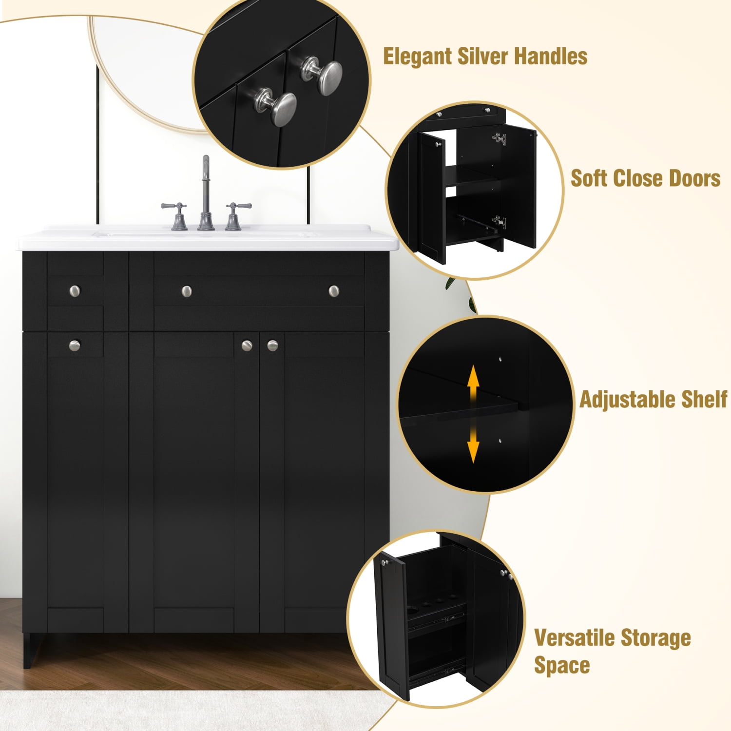 30" Bathroom Vanity with Sink Combo Wall Mounted Storage Cabinet Set with Soft Close Drawers, Modern Design with Invisible Handle, Resin Basin Sink Top, Gray