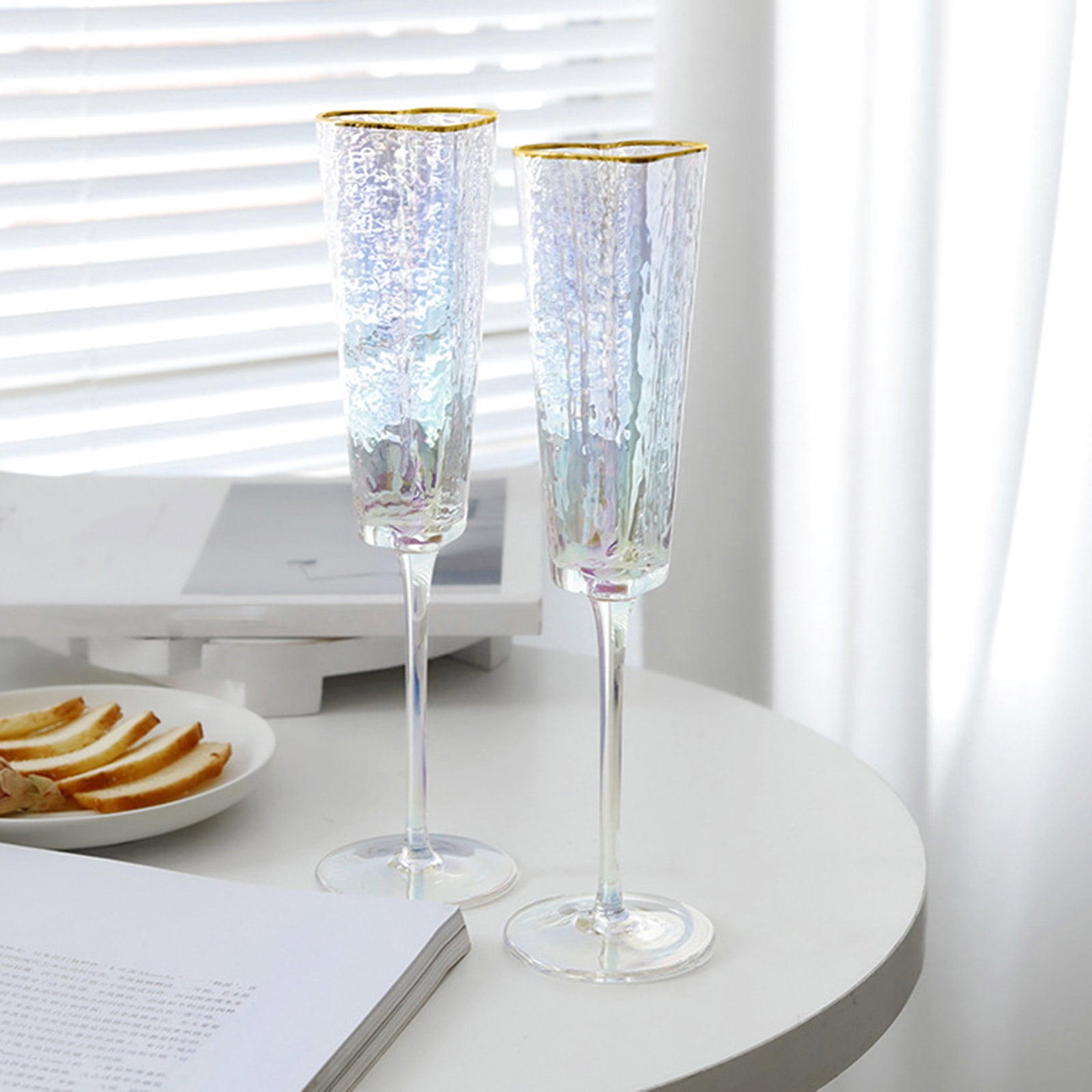 2Pcs Champagne Flute Unique Heart Pattern High Leg Glass Cup with Gold Border for Beverage Drinkware Enthusiasts