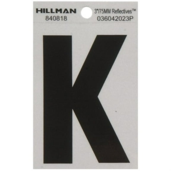 5028314 3"" BLK/SLV K ADHV 1PC Hillman 3 in. Reflective Black Mylar Self-Adhesive Letter K 1 pc