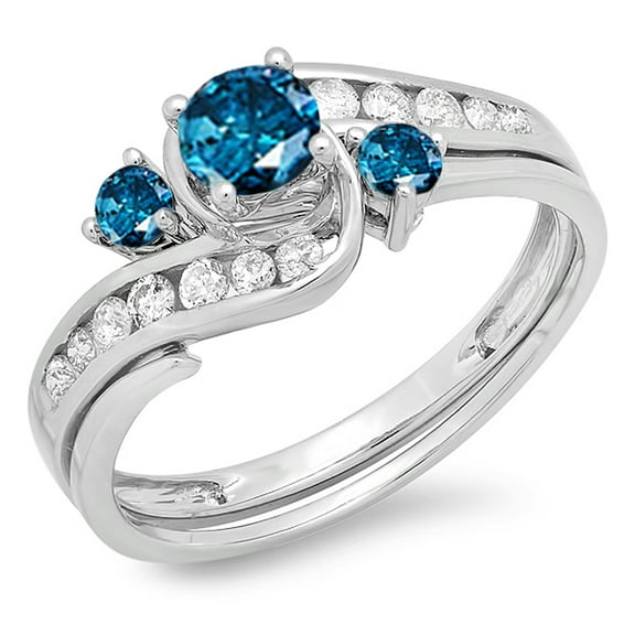 Dazzlingrock Collection 0.90 Carat (ctw) 14k Round Blue And White Diamond Swirl Bridal Engagement Ring Set, White Gold, Size 7