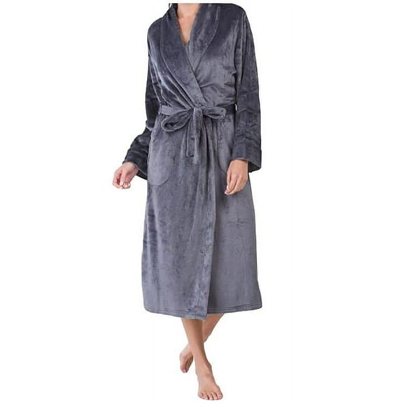 Miss Elaine Robe Long Fuzzy Soft Fleece w/Pockets Storm Gray Women Size XL