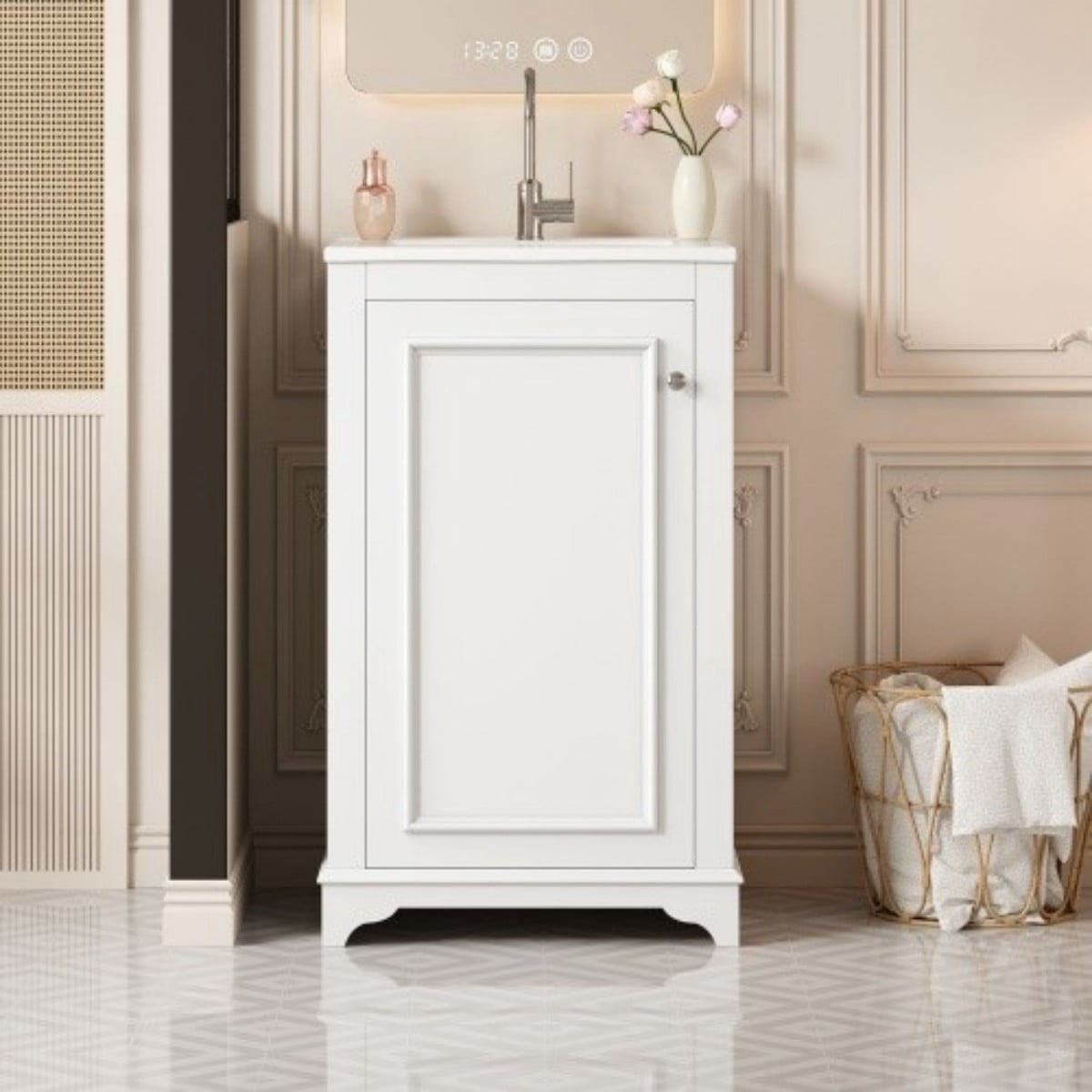20" Bathroom Vanity with Ceramic Sink, Freestanding Bathroom Vanity Cabinet with Adjustable Shelf, Soft Close Door, Solid Wood Frame, Modern Green Vanity for Small Bathroom, White