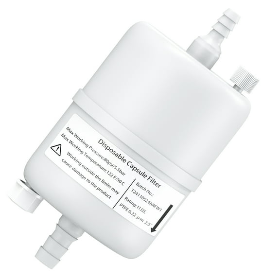 PTFE Capsule Filters with Hose Barb for 1/4" to 3/8" Tube,Hydrophobic Sterile Filling Bell Filter Pore Size 0.22um Length 2.5" Individual Packaging,1/pk