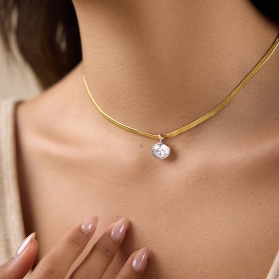 Faty-T 14K Gold Plated Crystal Necklaces for Women, Dainty Gold Herringbone Choker Necklace Thin Layered Snake Chain Jewelry for Gifts