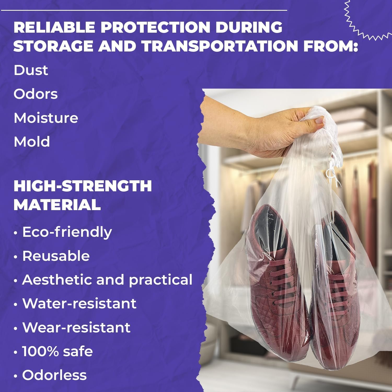 Clear Drawstring Shoe Travel Bags, Waterproof PE Plastic, 50 Count, 10 x 14 in