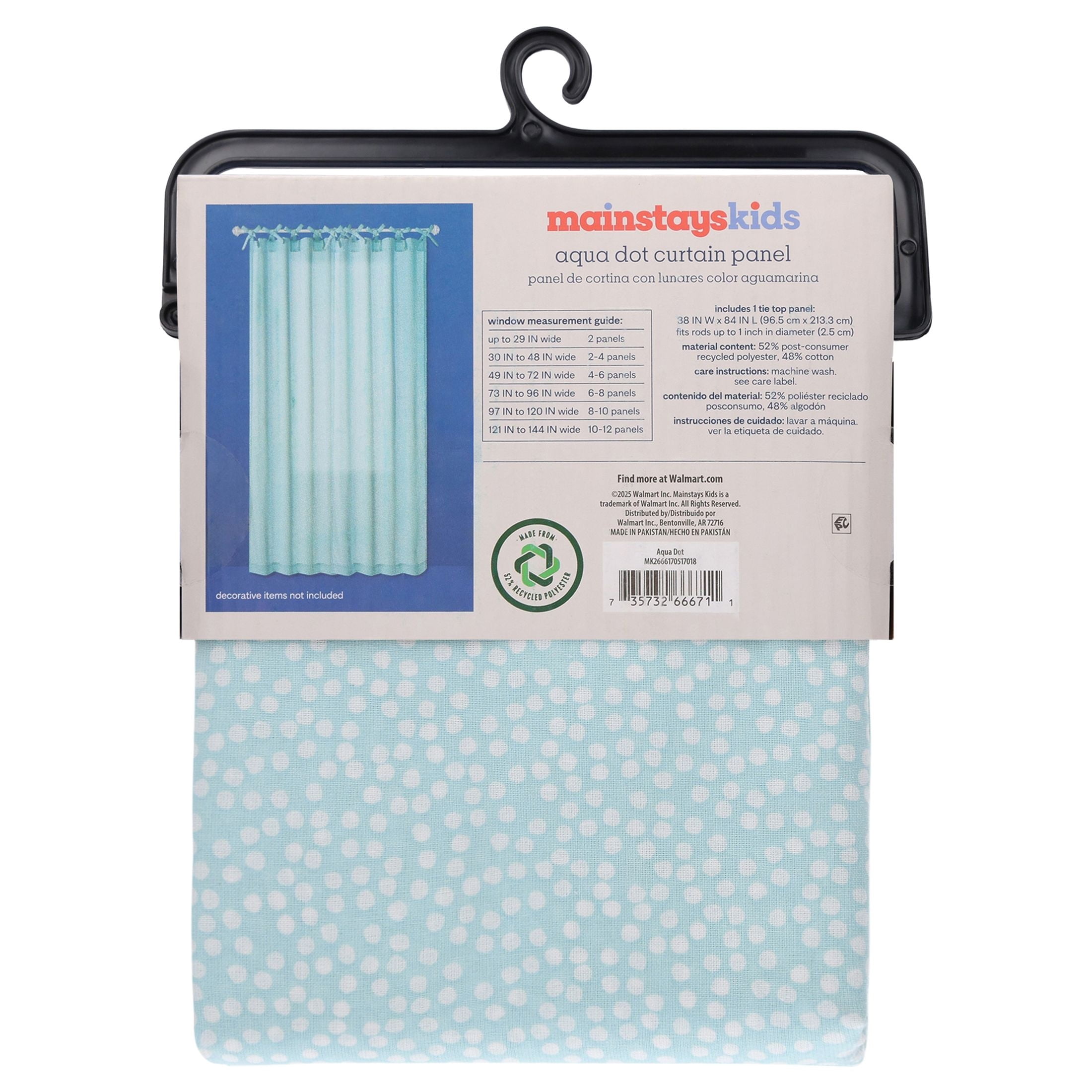 Mainstays Kids Aqua Blue Dotted Light Filtering Tie Top Single Curtain Panel, 38" W x 84" L