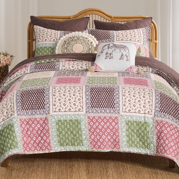 Greenland Home Fashions Priya Cotton-Rich Patchwork Print Boho Quilt Set, 2-Piece Twin/XL, for Teens and Adults