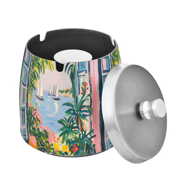 Yayeee Ashtray with Lid for Cigarette Smokeless Stainless Steel Home Ash Holder, Floral Seaside