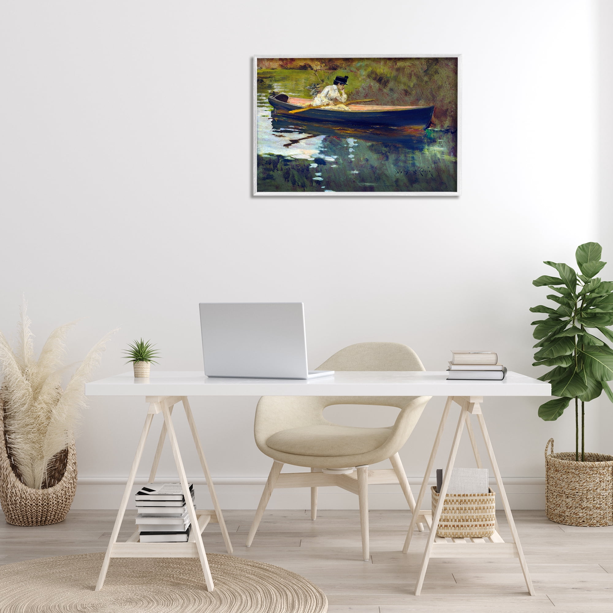 Stupell Industries Thoughtful Woman on Canoe Novelty Painting White Framed Art Print Wall Art, 30 x 20