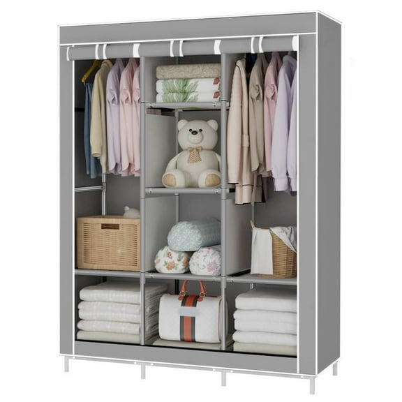 Behome Portable Closet Wardrobe, Wardrobe Closet Organizer with Non-Woven Fabric Cover, 8 Compartments, Large Clothes Storage Organizer, 51.2 x 17.7 x 67 Inches, Grey
