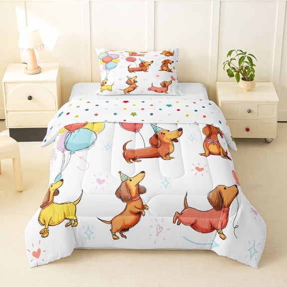 Homewish Dachshund Animal Twin Comforter Sets,Colorful Balloon Heart Bedding Set,Polkadot Reversible,2-Piece,1 Comforter and 1 Pillowcase