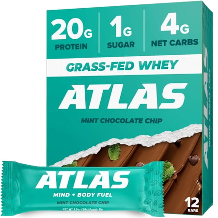 Atlas Protein Bar  20g Protein  1g Sugar  Clean Ingredients  Gluten Free  Mint Chocolate Chip  12 Count