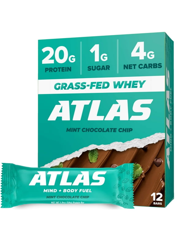 Atlas Protein Bar, 20g Protein, 1g Sugar, Clean Ingredients, Gluten Free, Mint Chocolate Chip, 12 Count