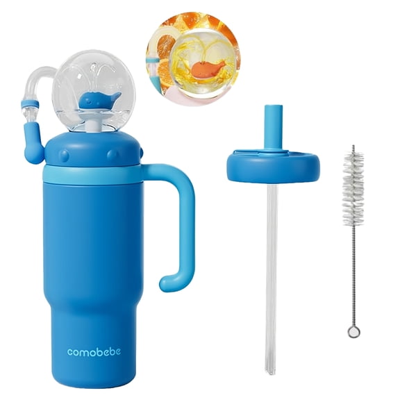 ST SoleMe.Tc Whale Fountain Tumbler with Handle Two Lids– 24oz Stainless Steel Cute Adult Sippy Cup, Leak-Proof, Blue